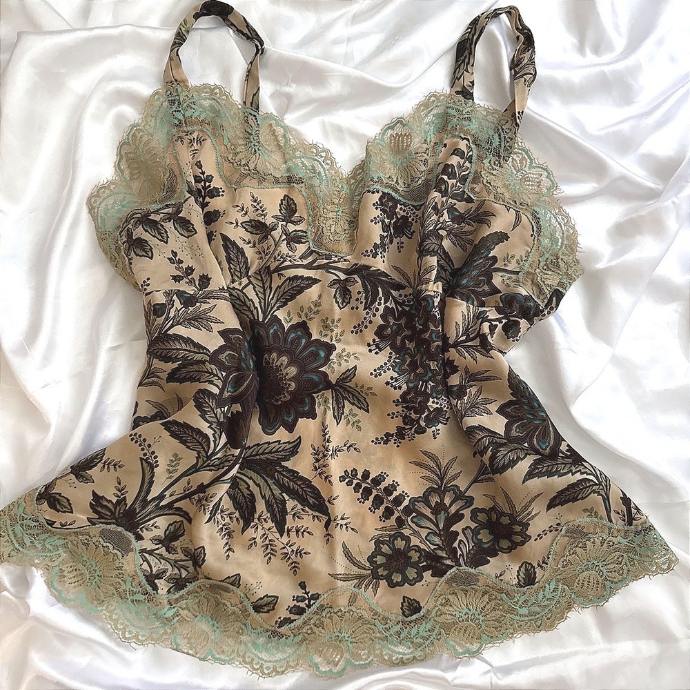 Karen Kane Lifestyle Floral Lace Trim Camisole Top Tan Brown Teal 1X
